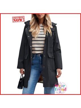 Waterproof Long Rain Jacket Hooded Windbreaker Trench Coat
